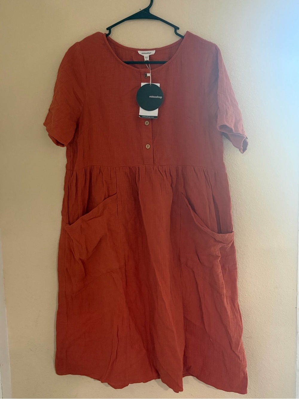 Rust Orange Midi Boxy Dress with Buttons and Pockets